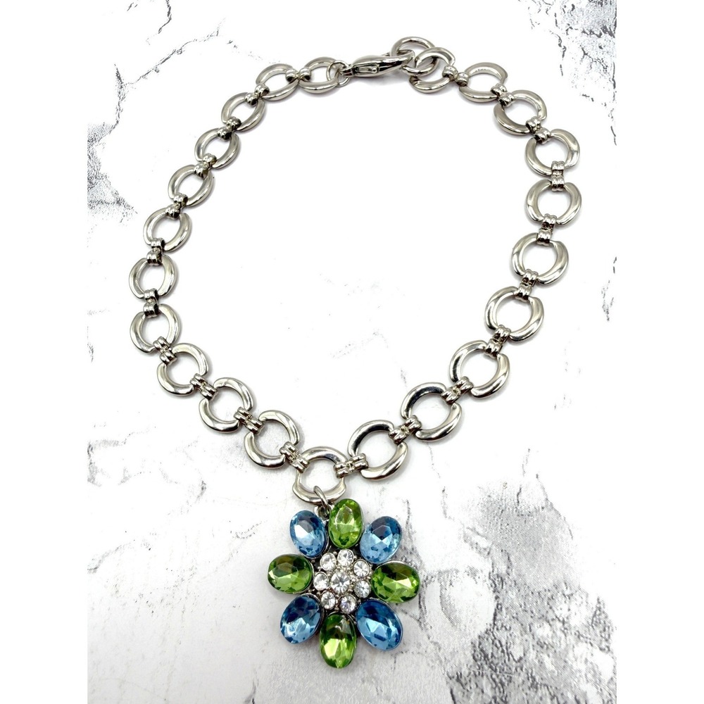 Aria Flower Charm Dog Necklace Blue Green Crystal 8–12" Lobster Clasp NWT